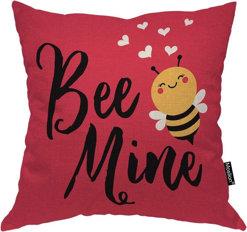 Moslion Love Bee Pillow Cover Cute Cartoon Animal with Quote Bee Mine Heart for Valentine's Day Throw Pillow Cover 18x18 Inch Cotton Linen Decorative Square Cushion for Sofa Bed Red - Image 1